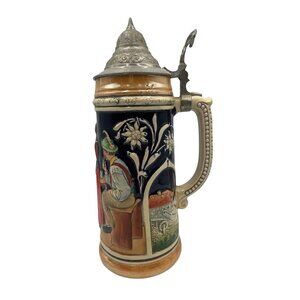 Vintage German Beer Stein Pewter Lid Bavarian Scene Handcrafted Ceramic Decor